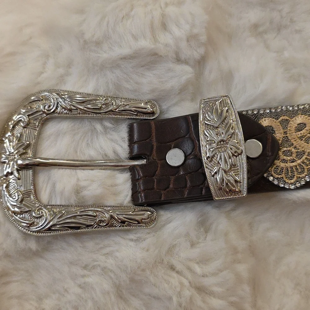 Angel Ranch Western Silver Rhinestone Lace Scalloped Feminine Belt Womens S - Picture 6 of 13